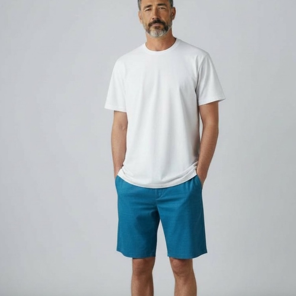 Men’s Teal Plaid Flat Front Shorts Size 32 Casual Summer Chino Style
